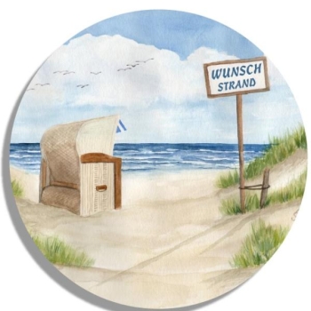 Untersetzer Glasuntersetzer rund 9,5 cm  Aquarell Kunst Druck Kunstdruck Strandkorb Sonnenuntergang Nordsee Insel Langeoog Sonnenuntergang Meer Möwe Strand Wunschname
